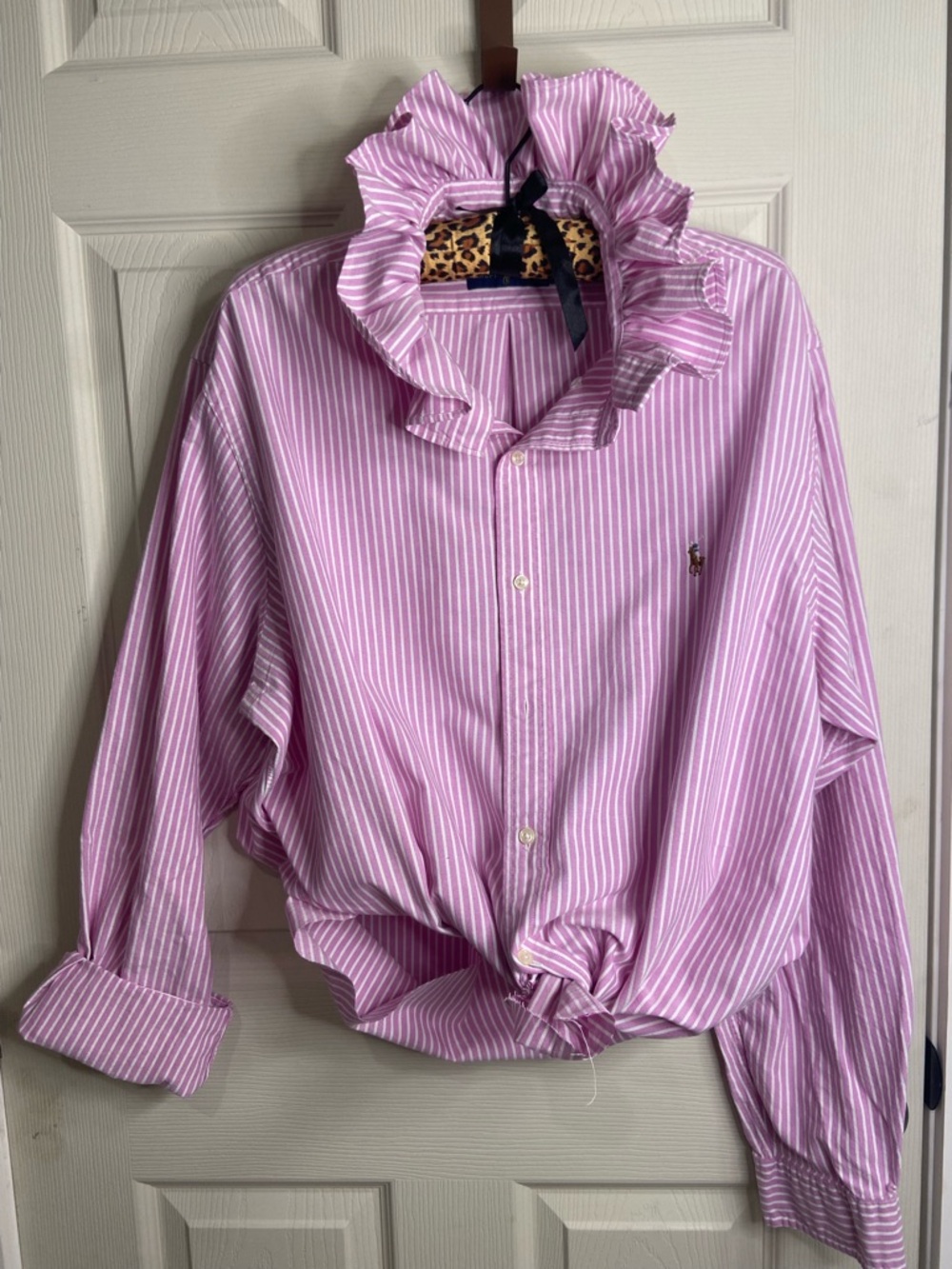 Upcycled Ralph Lauren Pink & White Striped Ruffle-Collar Button Shirt